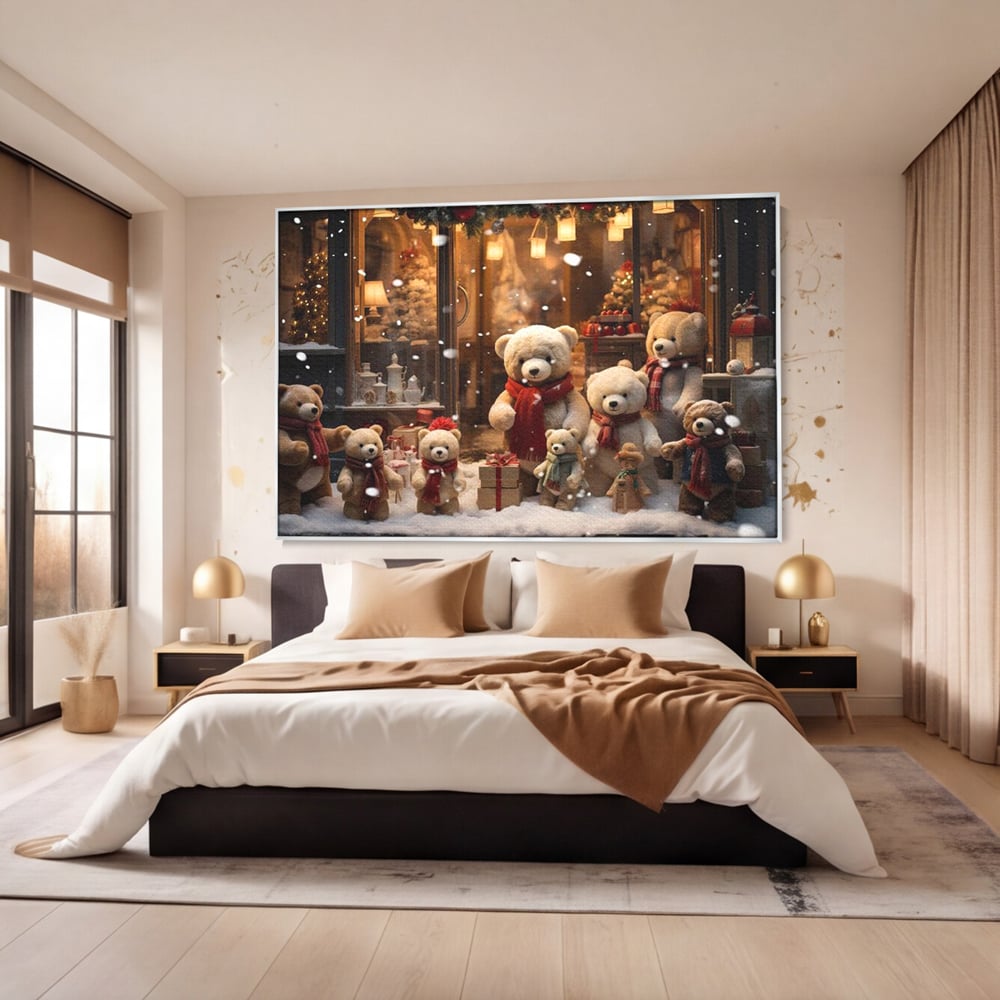 Tablou canvas cu tablou canvas cu ursuleti de craciun, in rama de aluminiu argintiu, pe perete intr-un dormitor